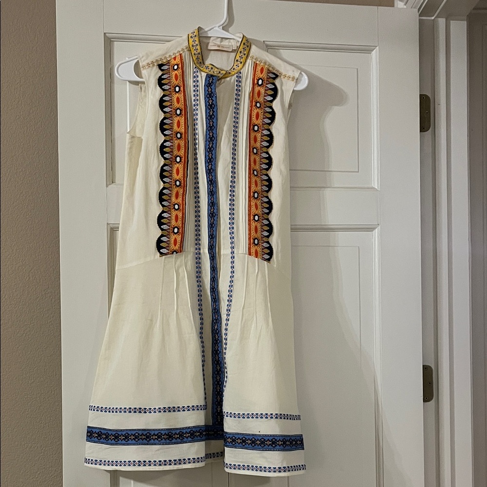 Tory Burch Cream Dress with Orange and Blue Embroidery